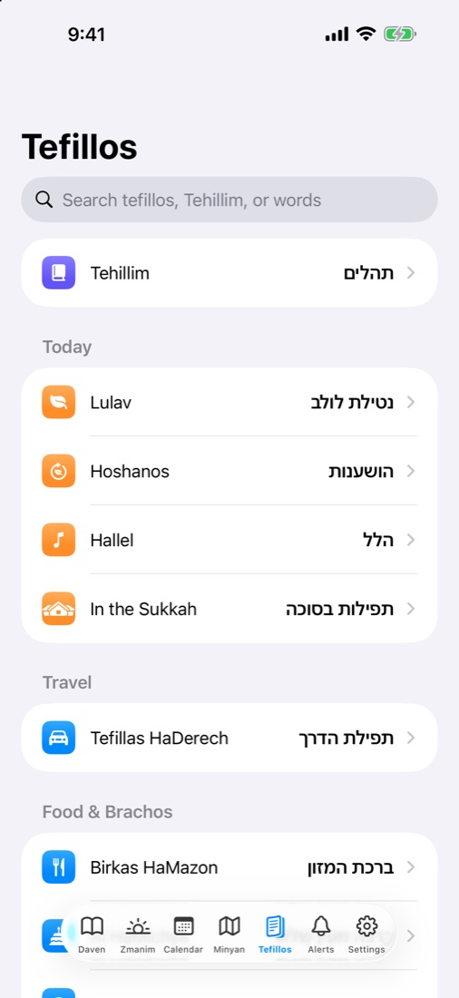 Tefillos: Tehillim, brachos, Tefillas HaDerech
